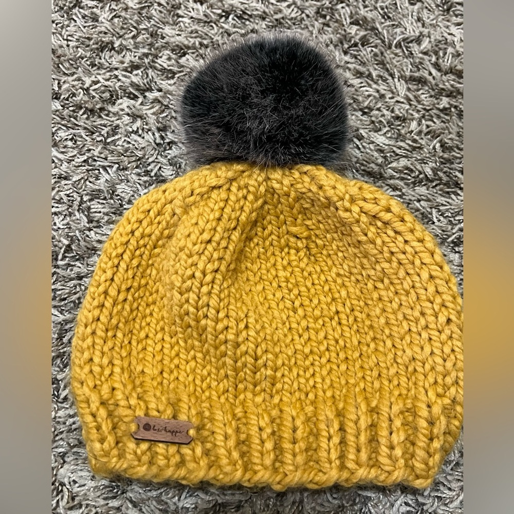 Cozy Mustard Knit Beanie with Faux Fur Pom